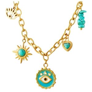 Evil Eyes Necklace 18K Gold Plated Steel Chain Turquoise And Gold Waterproof